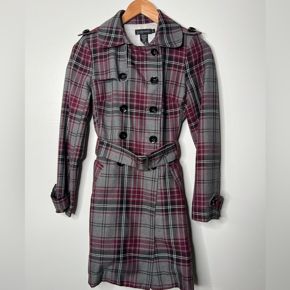 Rampage Plaid Trench Coat Gray Burgundy, S